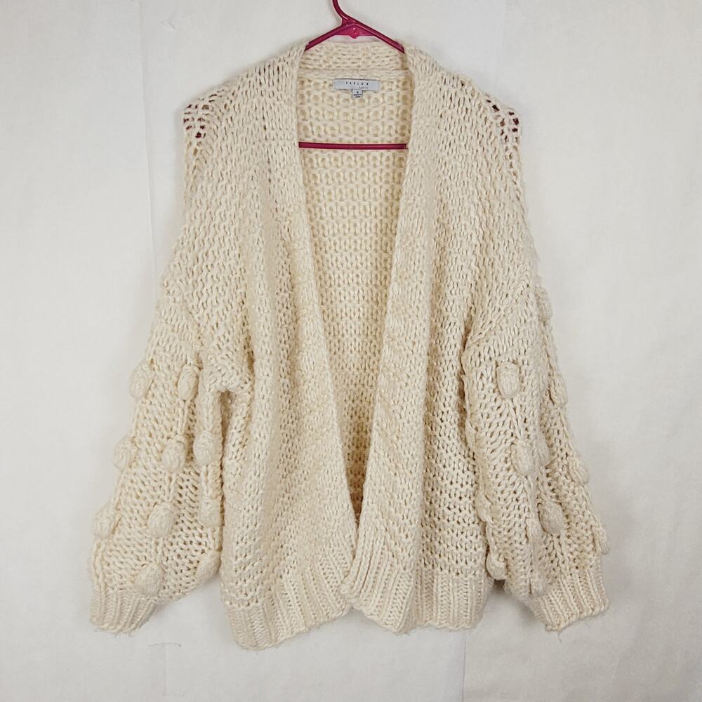Favlux cream pom pom cardigan sweater Size small open front Boho Chunky Cozy